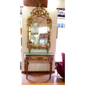 Antica Consolle a 4 gambe epoca  Luigi XVI  con specchiera in legno scolpito originale 