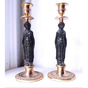 2 candelieri Impero in bronzo naturale e bronzo dorato 18 kt 