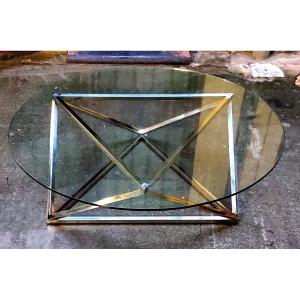 Tavolino da salotto stile anni 1970 ,base in ferro cromata piano in cristallo 