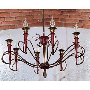Lampadario Art Deco manifattura Italiana in ferro dorato e laccato .