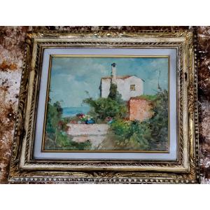 Dipinto olio su tavoletta di Eugenio Bonivento intitolato : mattino d'estate a Burano . 