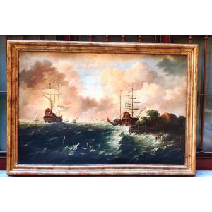 dipinto olio su tela raffigurante Marina con velieri in tempesta