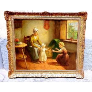 Dipinto olio su tela raffigurante madre con bambini autore:Louis Soonius (1883-1956)
