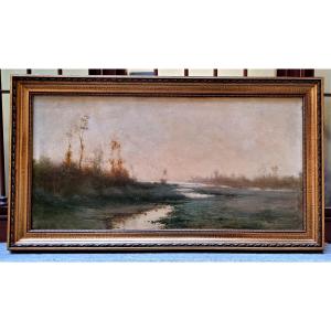 Huile sur toile ancienne représentant un paysage fluvial, par le peintre piémontais Giacinto Bo