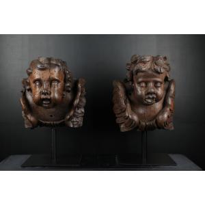 Pair Of Carved Wood Angel Heads - Flanders 17th Century