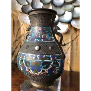 Bronze Vase With Cloisonne Enamels And Cabochons. Japan XIX Century