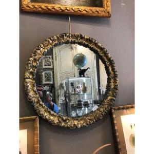 Rare Oculus Mirror (round) In Golden Wood From The End Of The 17th Century