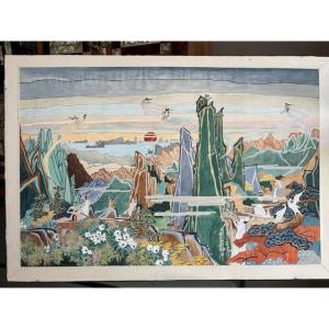 Gouache Painting Depicting Mount Klumgang (north Korea) By Kieum Yeung. 20th Century.