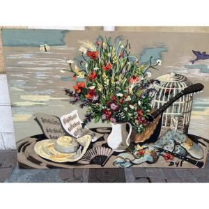 Large Painted Canvas "printing And Tempera" Bouquet Of Flowers By Marcel Dyf -1899/1985-