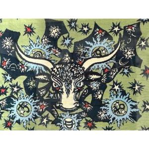 Tapestry Canvas By Elie Grekoff (1914-1985) "the Taurus" Astrological Sign Period 1960