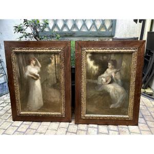 Pair Of Large Paintings By Joseph Castaing (1860-1918) Allegory Of "music And Theatre"