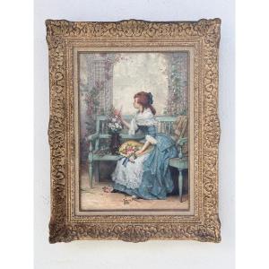 "elegant With A Bouquet" By Pierre Outin (1840-1899)