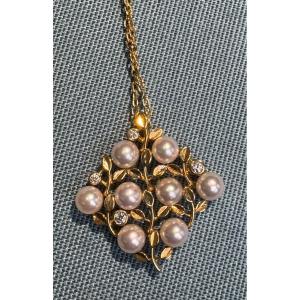 Mikimoto 18k Gold Fine Pearl Diamond Pendant And Chain 