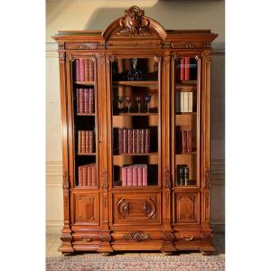 Large 3-door Walnut Bookcase, Napoleon III, 19th Century 