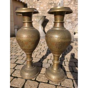 Pair Of Large Medici Vases In Champlevé Bronze, 19th Century