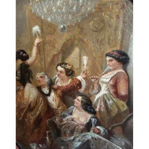 Oil Painting On Canvas, Scene Of A Champagne Orgy, 19th Century 