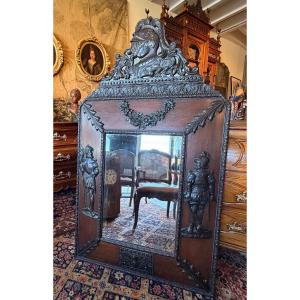 Large 19th Century Medieval-style Mirror In Oak And Repoussé Brass