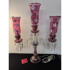 Three-light Candelabra In Red Tint With Crystal Flower Decoration Baccarat