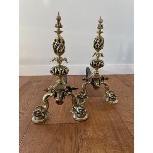 Pair Of Andirons - Gilt Bronze - Neo Gothic - Dolphins