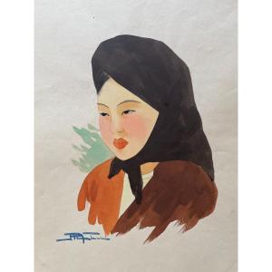 Nguyen Mai Thu - Femme Au Turban - Gouache - Indochine Vietnam