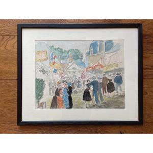 Jean Lachaud (1882-1952) - Watercolor - July 14 In Pont-aven