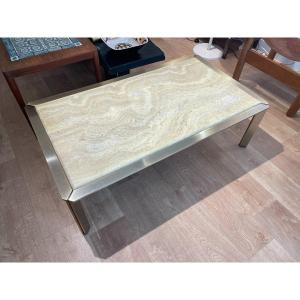 Guy Lefevre (1933-2018) - Attributed To - Coffee Table - Gilded Metal And Travertine