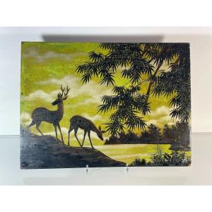 Indochina - Vietnam - Lacquer On Wood Panel - Deer Decor