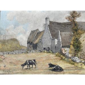 Louis Eugène Leroux (1833-1905) - Watercolor On Cardboard - Farm In Brittany