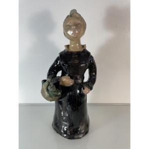 Martine Le Pétillon (1923-2011) - Hb Quimper - Breton Woman With Fish - Chamotte Clay