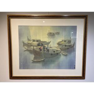 Vo Van Ky (1923- 2011) - Silk Painting - Sampans 2 - Vietnam Indochina