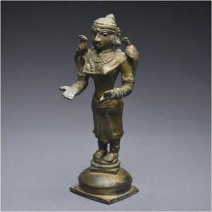 India, 19th Century, Bronze Ceremonial Oil Lamp Depicting Lakshmi