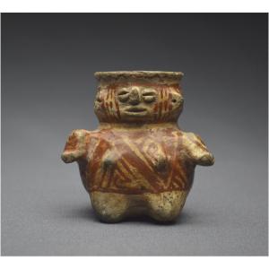 Mexico, 800 – 1500 Ad, Huastec Culture, Small Anthropomorphic Potion Vase, Ceramics With Cream And Red Coffee Engobe