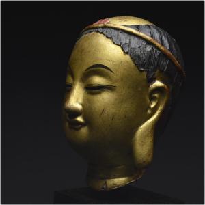 Burma, 18th - 19th Century, Head Of A Buddha Worshipper In Polychrome Dry Lacquer, On A Stand