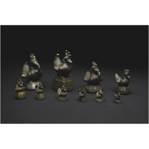 Burma, 18th-19th Century, Set Of Ten Bird-shaped Opium Weights, Bronze With Brown Patina