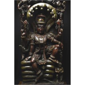 India, Late 19th - Early 20th Century, Large Polychrome Wooden Panel Depicting Vishnu