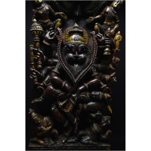 India, Late 19th - Early 20th Century, Large Polychrome Wooden Panel Depicting Narasimha