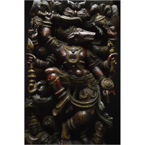 India, Late 19th - Early 20th Century, Large Polychrome Wood Panel Depicting Varaha