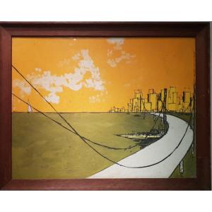 Painting On Paper, City, Bridge, Building, Sailboat, Circa 1970