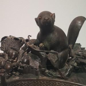 Bronze Okimono, Dormouse In The Foliage. Japan, Meiji