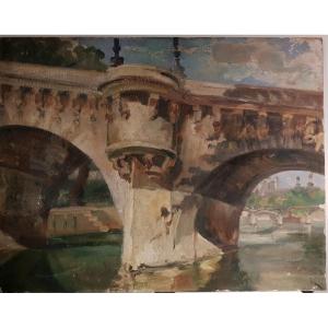Oil Painting Bridge Of Paris, Circa 1940-60