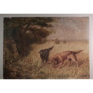 Painting Hunting Dog, Meadow, Signed Gautherot. Early 20th Century