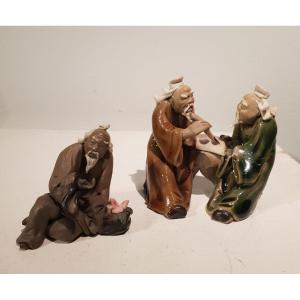 Two Sandstone Statues, Old Man Playing, China Or Vietnam, 20th Century