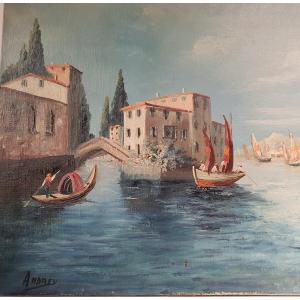 Painting Hst Scene Gondola In Venice Signed Andrey