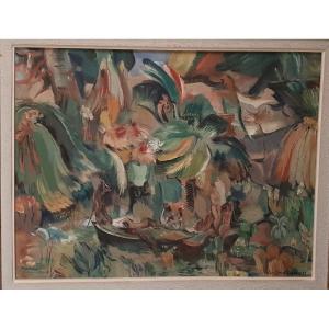 Hst Painting, Palmeraie Scene By Jean Bascoules, Circa 1930, Mouth Frame