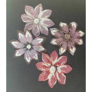 Set Of 4 Large Glass Beaded Flowers, Early 20th Century, French Beaded Flowers