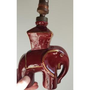 Bordeaux Red Ceramic Lamp, Elephant With Gilding, Circa 1940-50