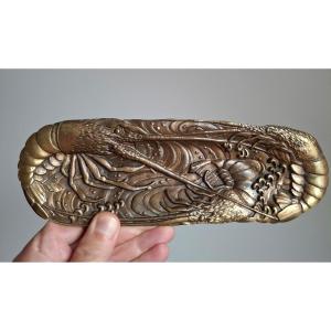 Bronze Pen Holder With Marine Decoration, Shrimps. Japan, 20th Century 