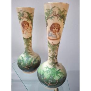 Pair Of Opaline Glass Vases Painted With Cherubs, Circa 1910-20