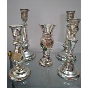 3 Glass Eglomise Candlestick And 2 Vases With Painted Floral,  Nap. III, 19th Century 