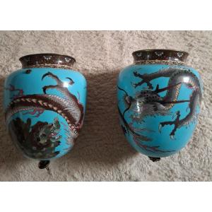 Pair Of Cloisonné Bronze Hanging Vases, Japan, Meiji Period. Dragon And Shishi